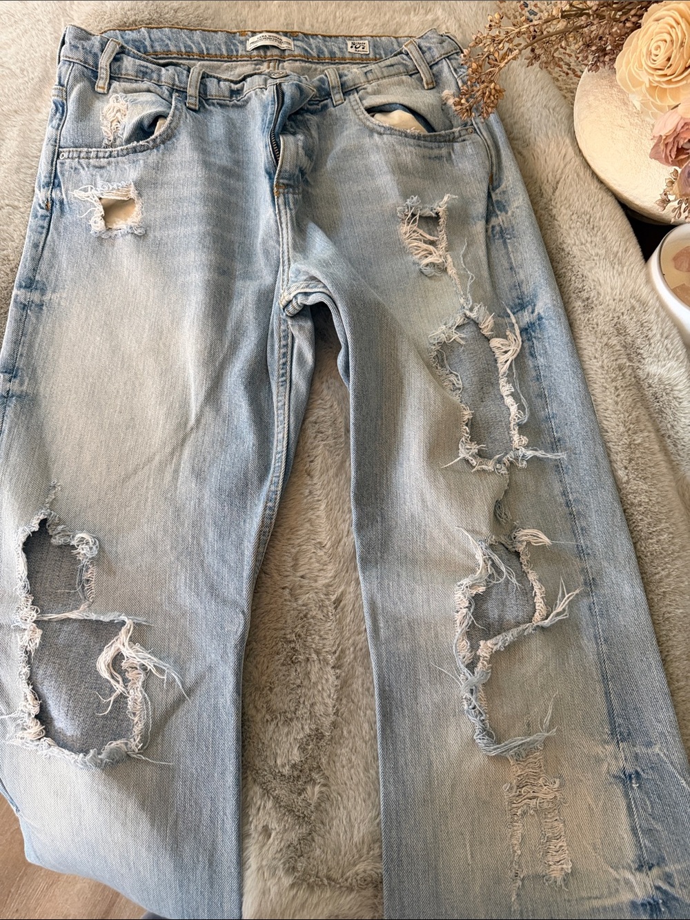 Zara Light Blue Distressed Boyfriend Jeans